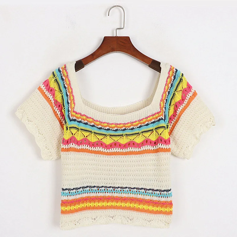 

High Quality Women Fashion Summer New Colorful Striped Hollow Sexy Square Neck Knit Hollow T-Shirt Top