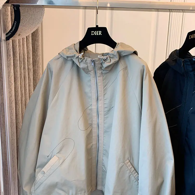 

SuperAen 2022 Solid All Match Short Windbreaker Jacket for Women Hooded Loose Coat