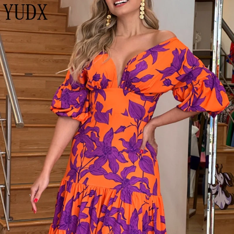 

New Spring European and American Style Women's Clothing Ins Elegant Fashionable V-neck Printed Large Swing Dress