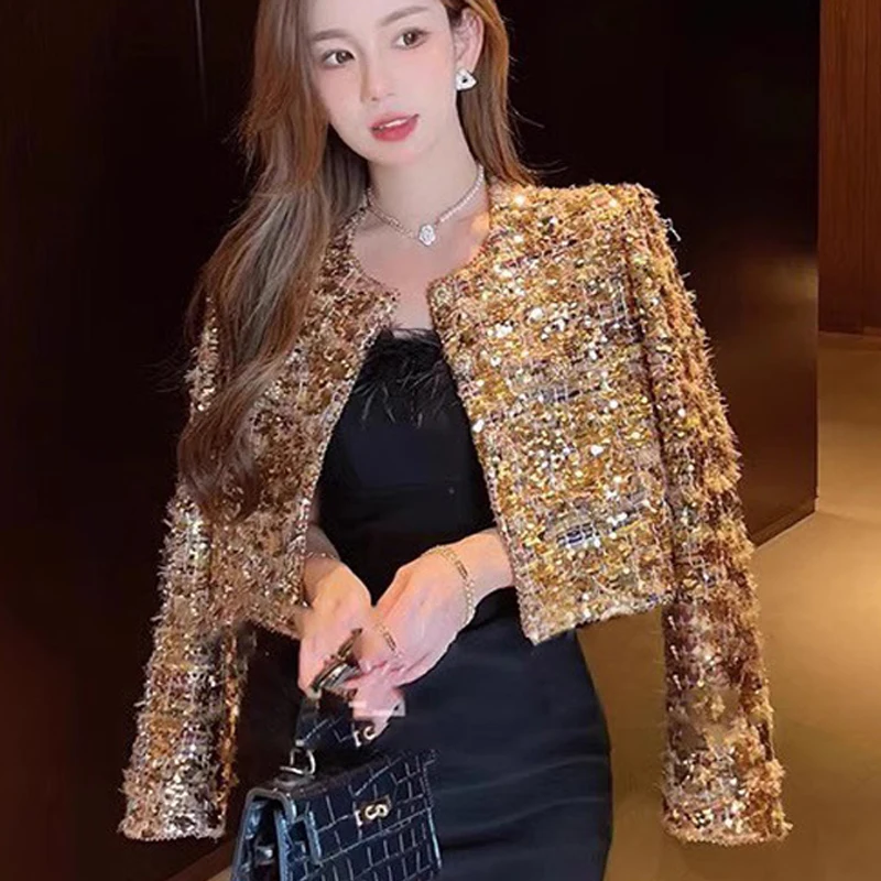 

High Street 2023 New Fashion Fall Winter Womens O-neck Full Sleeve Heavy Industry All Gold Sequins Tweed Short Jacket