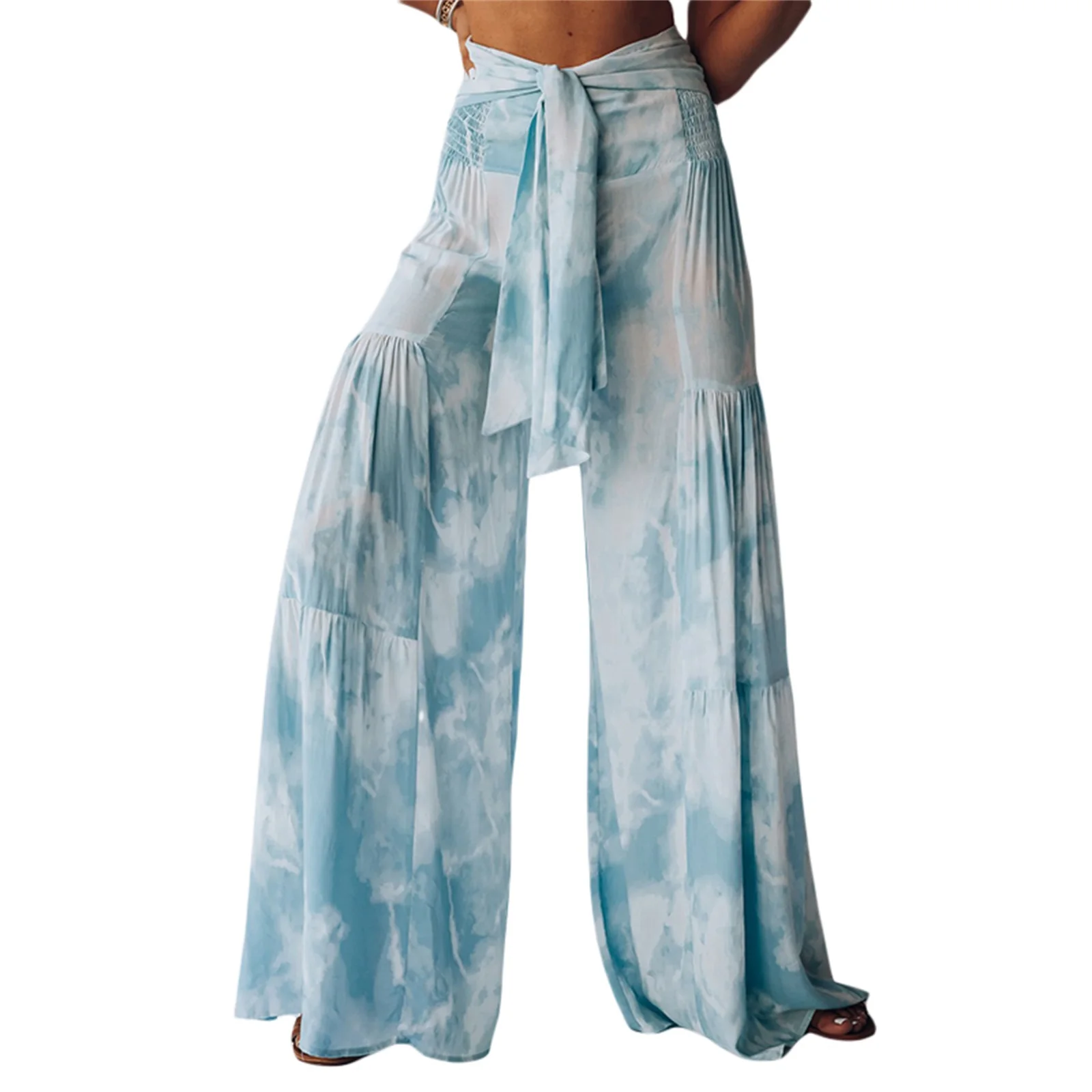 

Women Floral Printed Pants High Waist Casual Loose Flared Wide Leg Straight Printing Beach Trousers