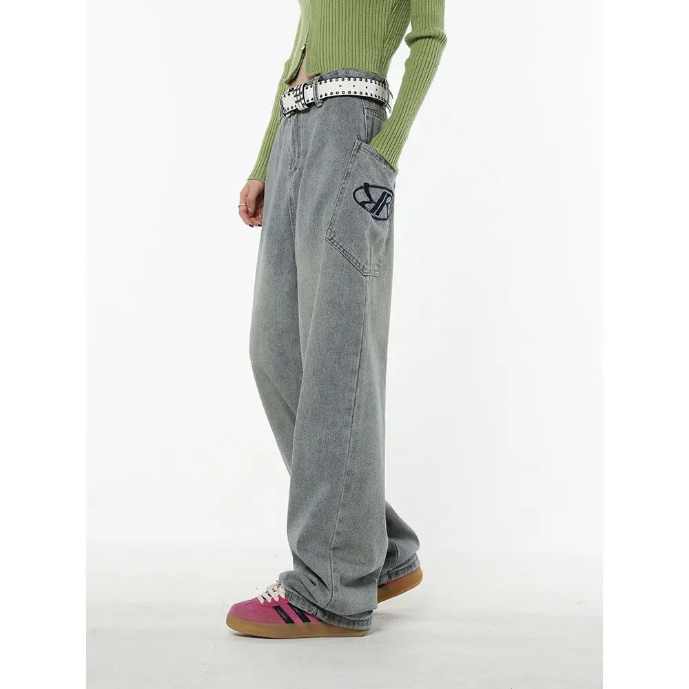 New Denim Jeans Blue High Waist Wide Leg Jeans Women Large Pockets Straight-legged Pants High Street Embroidery Y2K