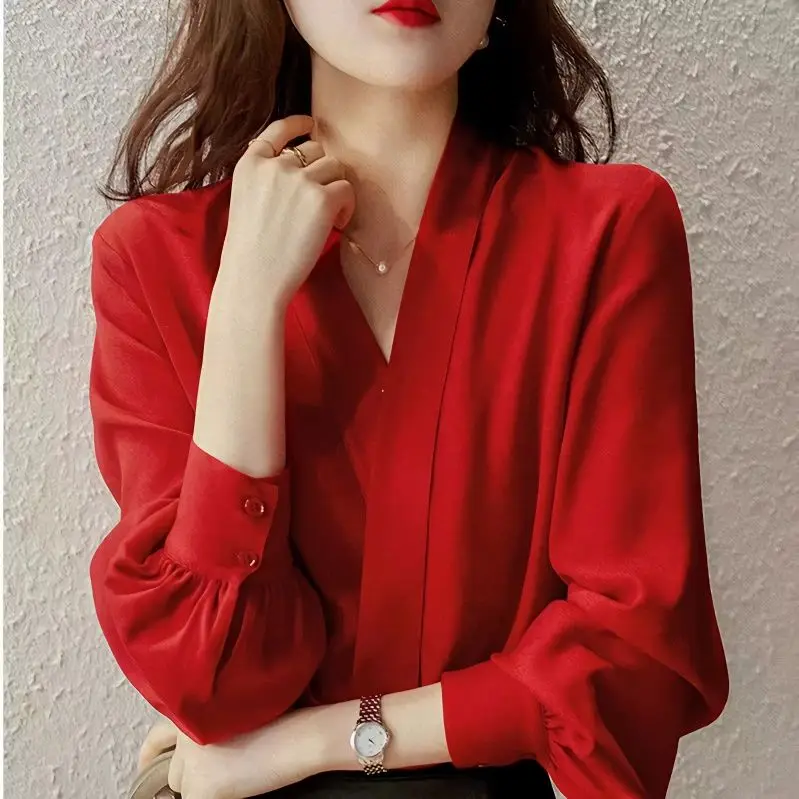 

Officewear Red Womens Shirt Tops And Blouses Tunics Plus Size Woman Blouse Work Shirt V-neck Long Sleeves Blusas Femininas B220