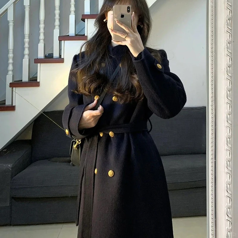 Осенне-зимнее твидовое пальто женское двубортное модное элегантное тонкое с