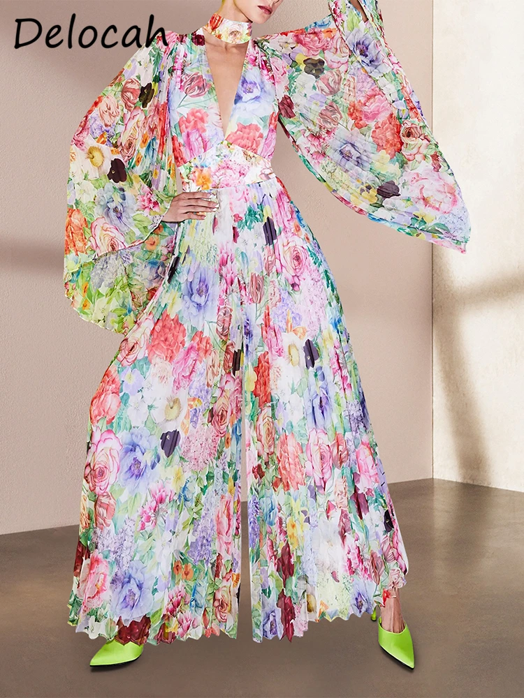 

Delocah/высокое качество; Сезон лето; Женский модный дизайнерский боди с длинными рукавами; Разноцветная одежда с принтом; Пляжные праздничные брюки; Комбинезон