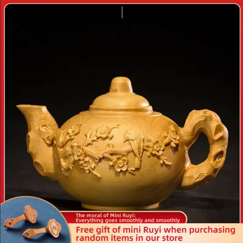 

Чайный чайник с рукояткой Taihang с изображением скалы, ципариса, древесины, старения красного масла, высокой плотности, ручная скульптура, сов...