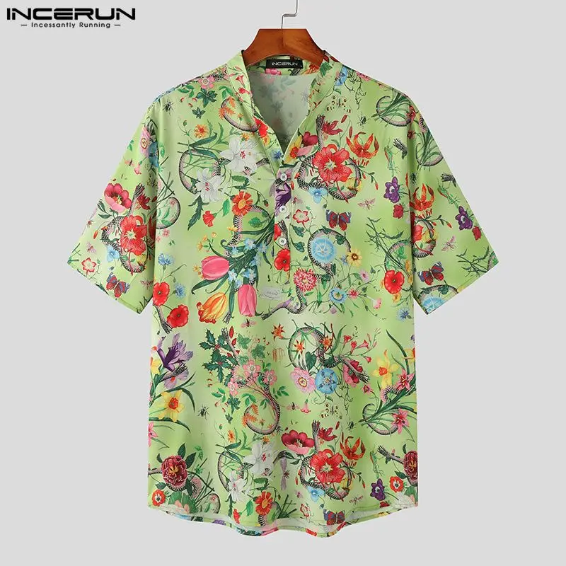 

Рубашка INCERUN мужская с принтом, повседневная Гавайская дышащая футболка с V-образным вырезом и короткими рукавами, уличная одежда для отпуска, лето 2023