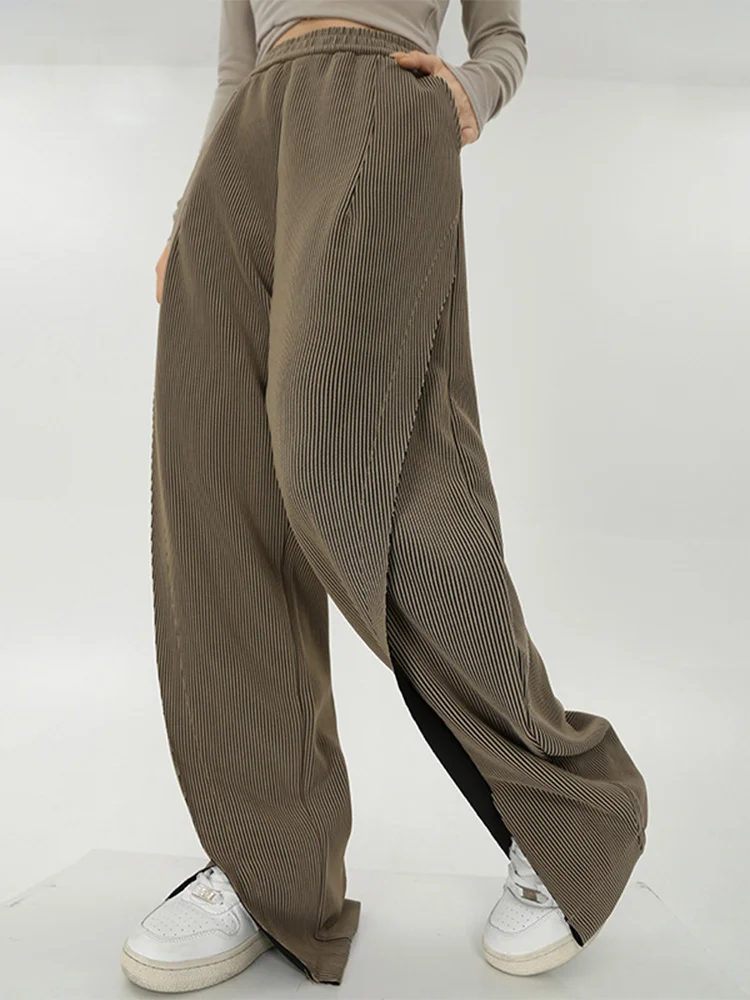 

Однотонные женские прямые спортивные брюки с высокой эластичной талией, весна 2023, свободные брюки с широкими штанинами, Женские винтажные шикарные брюки с разрезом на подоле