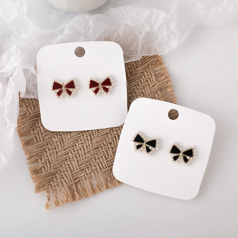 

VSnow Korean Cute Bling Bling Bowknot Dangle Earrings for Women Temperament Pearl Small Red Black Earrings Winter Jewelry Gifts