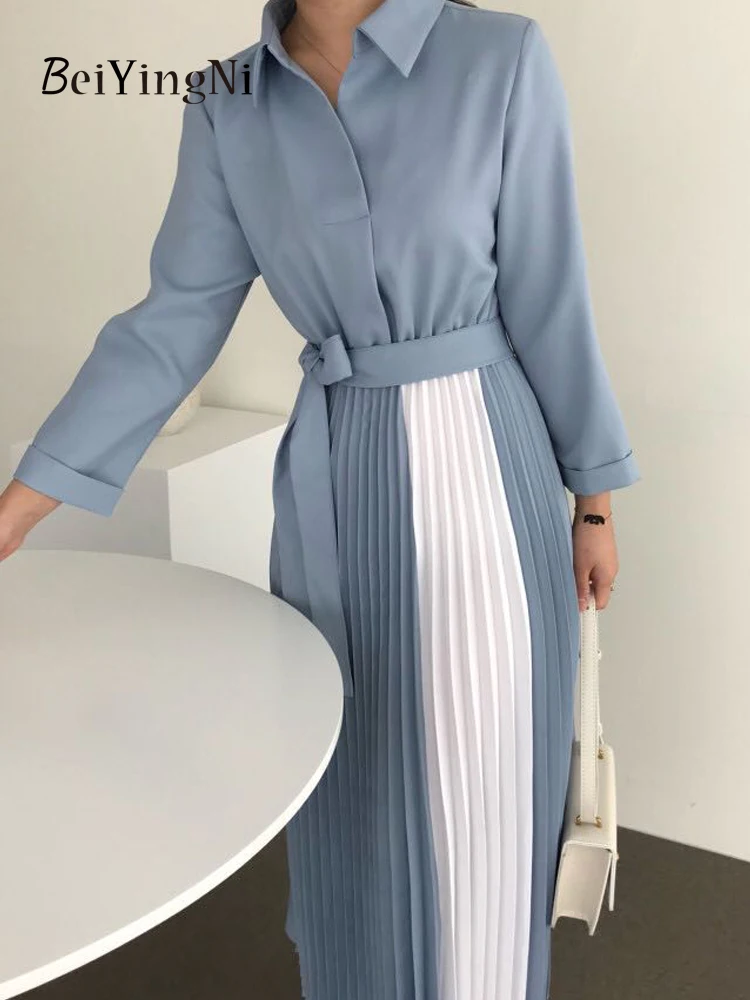 

Beiyingni French Elegant Pleated Dress Women Korean Luxury Sashes Spell Color Office Ladies Mini Dresses Stylish Black Vestidos