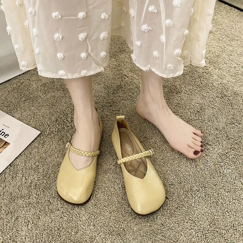 Designer Braid Sqaure Toe Mary Janes Shoes for Women Shallow V neck Mouth Ballearia Flats Soft Footwear Mom Leather Mocasins
