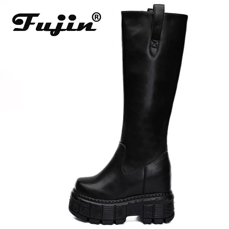 

Fujin/женские сапоги из натуральной кожи высотой 12 см; Сапоги до колена на платформе; Сапоги на танкетке и молнии; Сезон весна-осень; Женские плюшевые зимние сапоги в байкерском стиле
