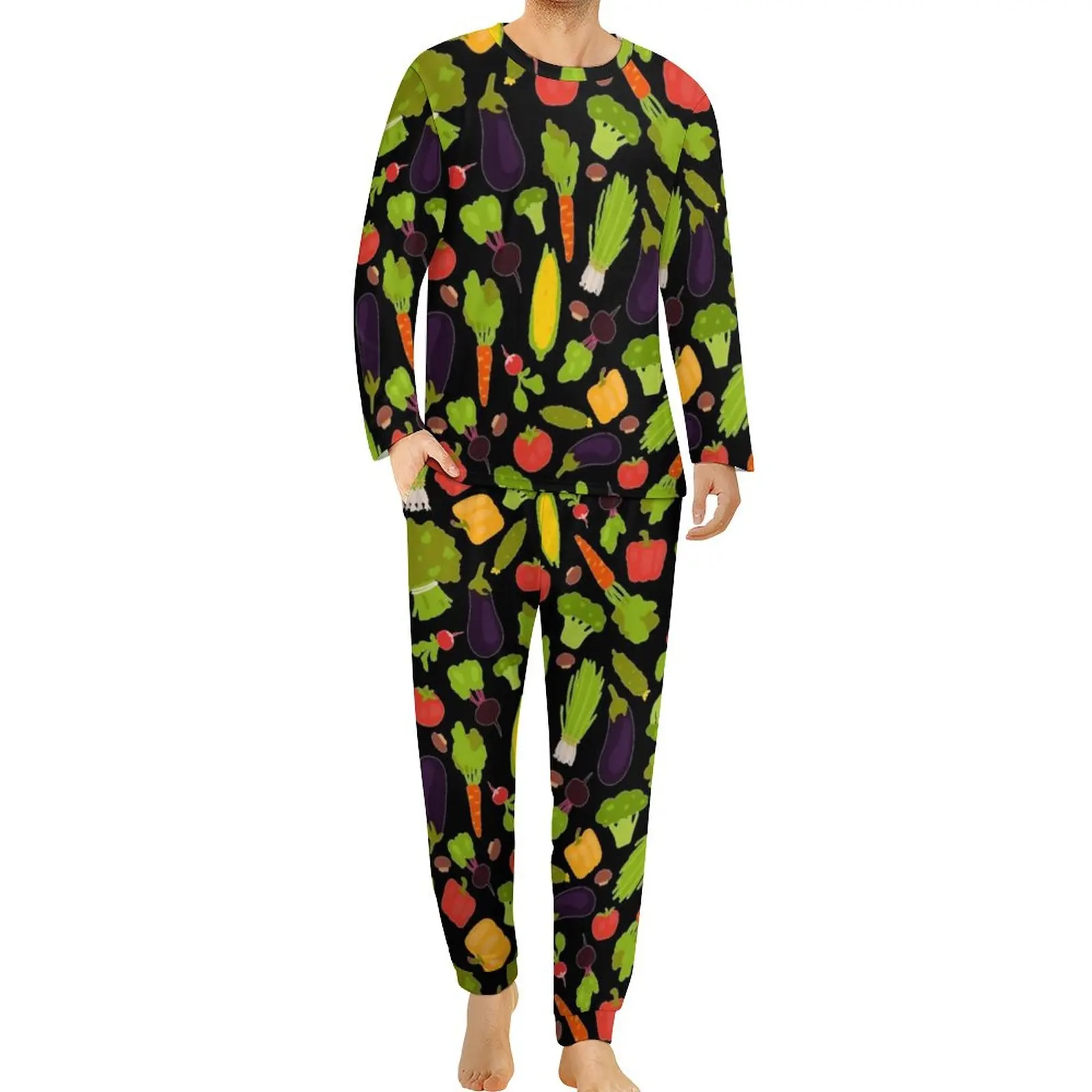 

Pattern Of World Vegetarian Day Pajamas Man Vegetables Romantic Sleepwear Spring Long Sleeves 2 Piece Room Graphic Pajama Sets