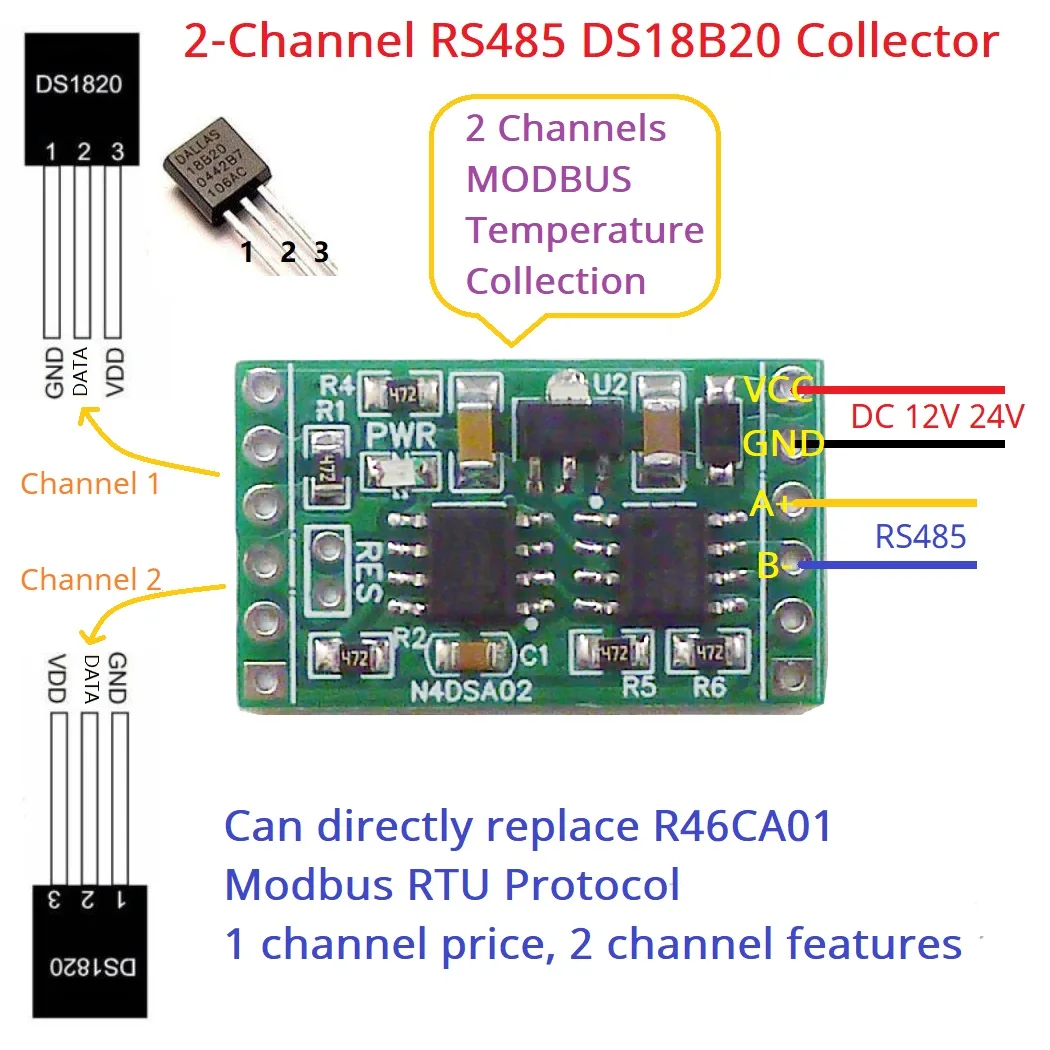 Фото 2-канальный модуль датчика температуры Modbus от -55 до +125°C DS18B20 с платой адаптера RS485 для ПЛК, безбумажного регистратора и термостатического управления. №3
