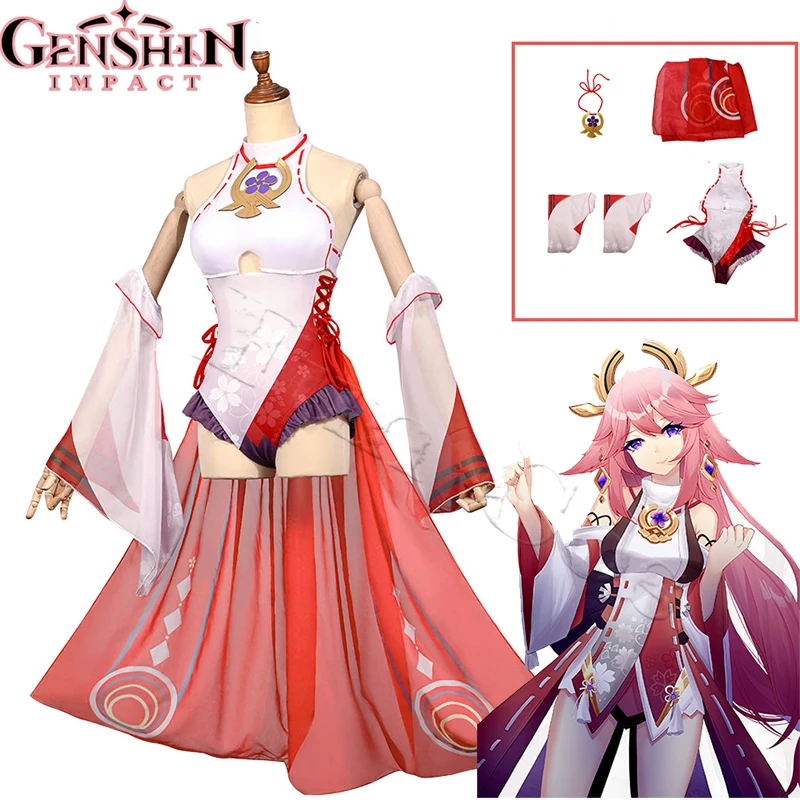 

Genshin Impact Cosplay CostumeYae Miko Pink Yarn Dress Swimsuit Sexy Suit Gauze Skirt Necklace Translucent Bikini Summer Set