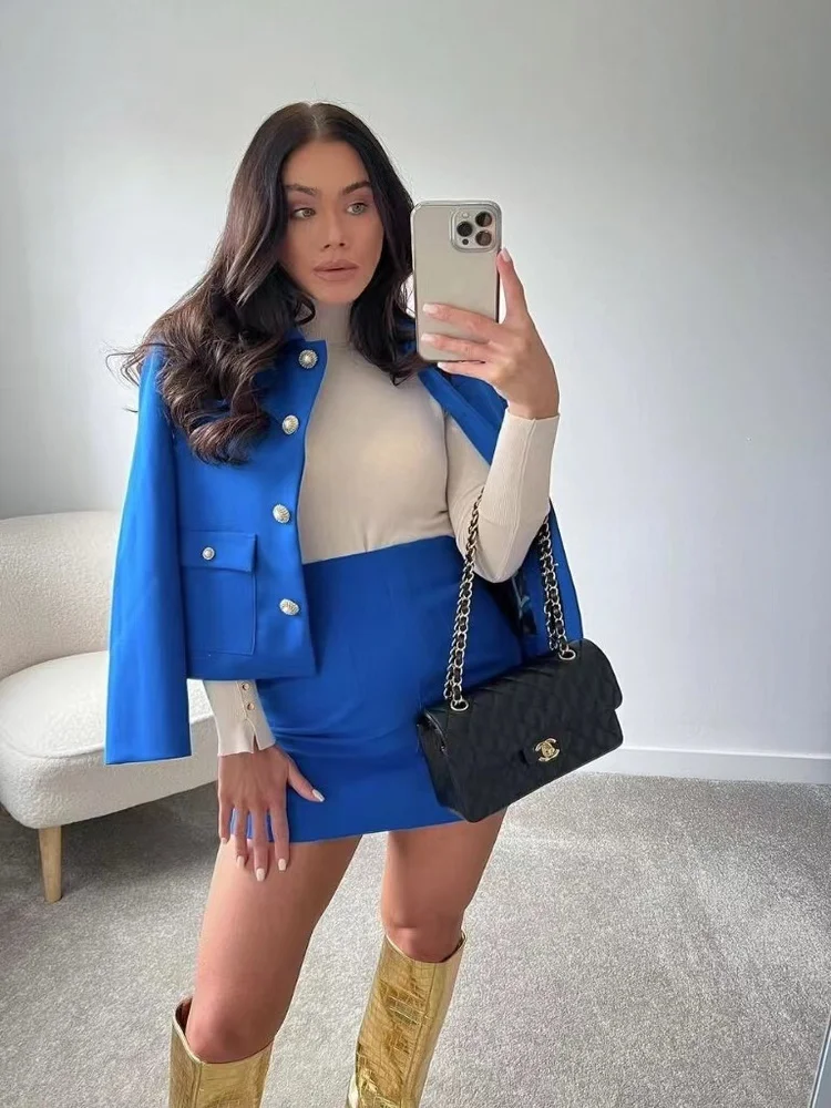 

ZACK RAIN Women Blue Solid Short Skirt Suits 2022 Spring Fashion Ladies High Street Single Breasted Suit Tops Female Skirt Suits