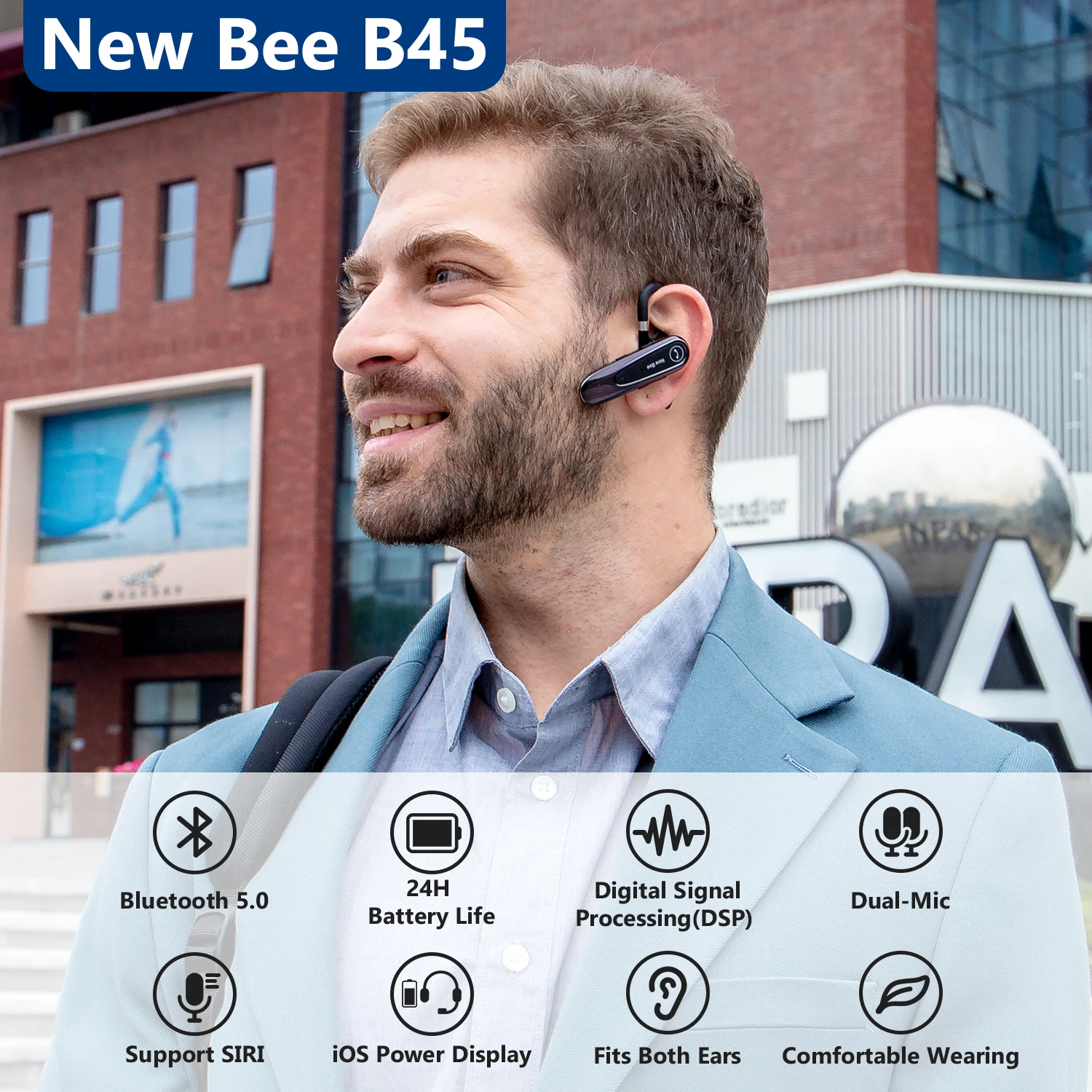 New Bee B45 Bluetooth 5.0 Headset Wireless Earphone Headphones with Dual Mic Earbuds Earpiece CVC8.0 Noise Reduction for Driving images - 6