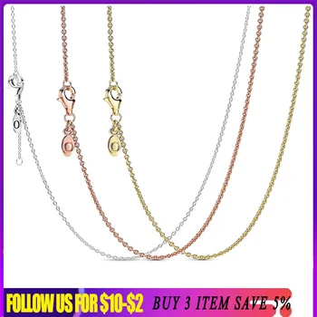 925 Sterling Silver Rose Gold Classic Cable For Women Neck Chain Fit Original Pandora Pendant Necklace Women DIY Jewelry 1