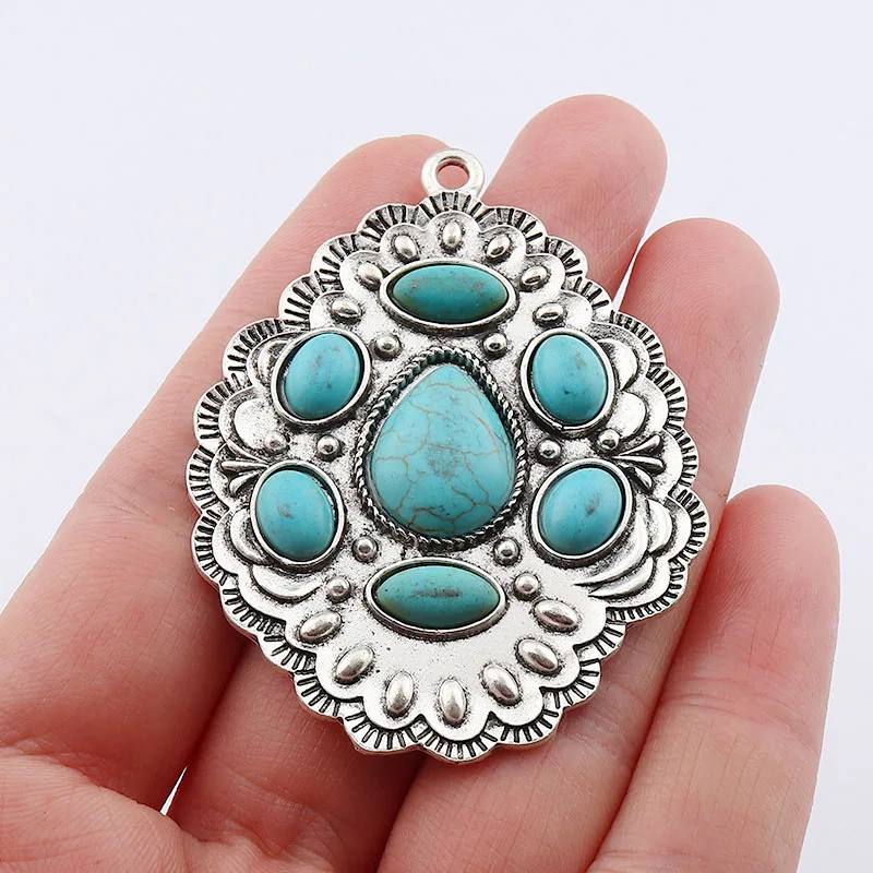 

2 x Tibetan Silver Peony Flower Imitation Turquoises Stone Boho Charm Pendants For DIY Necklace Making Accessories