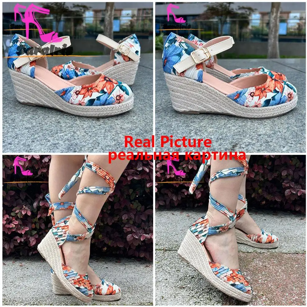 Spring Summer 2023 Roma Style Wedge High Heels Sandals Vintage Rope Calico Slip-on Sandals Casual Comfort Walking Lady Shoes