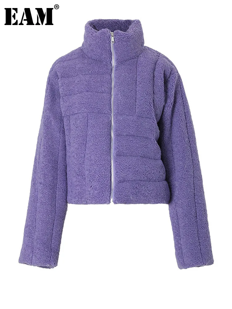 

[EAM] Purple Lambswool Big Size Cotton-padded Coat Long Sleeve Loose Fit Women Parkas Fashion New Autumn Winter 2023 1DF3089