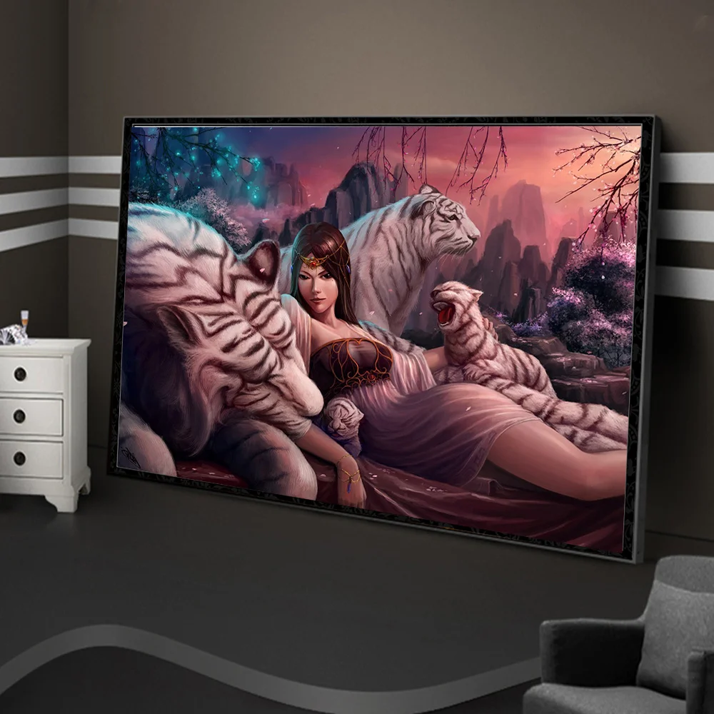 

Алмазная живопись с тигром и женщиной, картина с животными, набор для рисования, квадратная/круглая вышивка Стразы, сделай сам