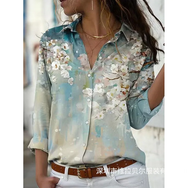 

Модная Свободная блузка на пуговицах с цветочным принтом, повседневные топы с длинным рукавом и отложным воротником, элегантная женская офисная блузка, цвет синий, 26267