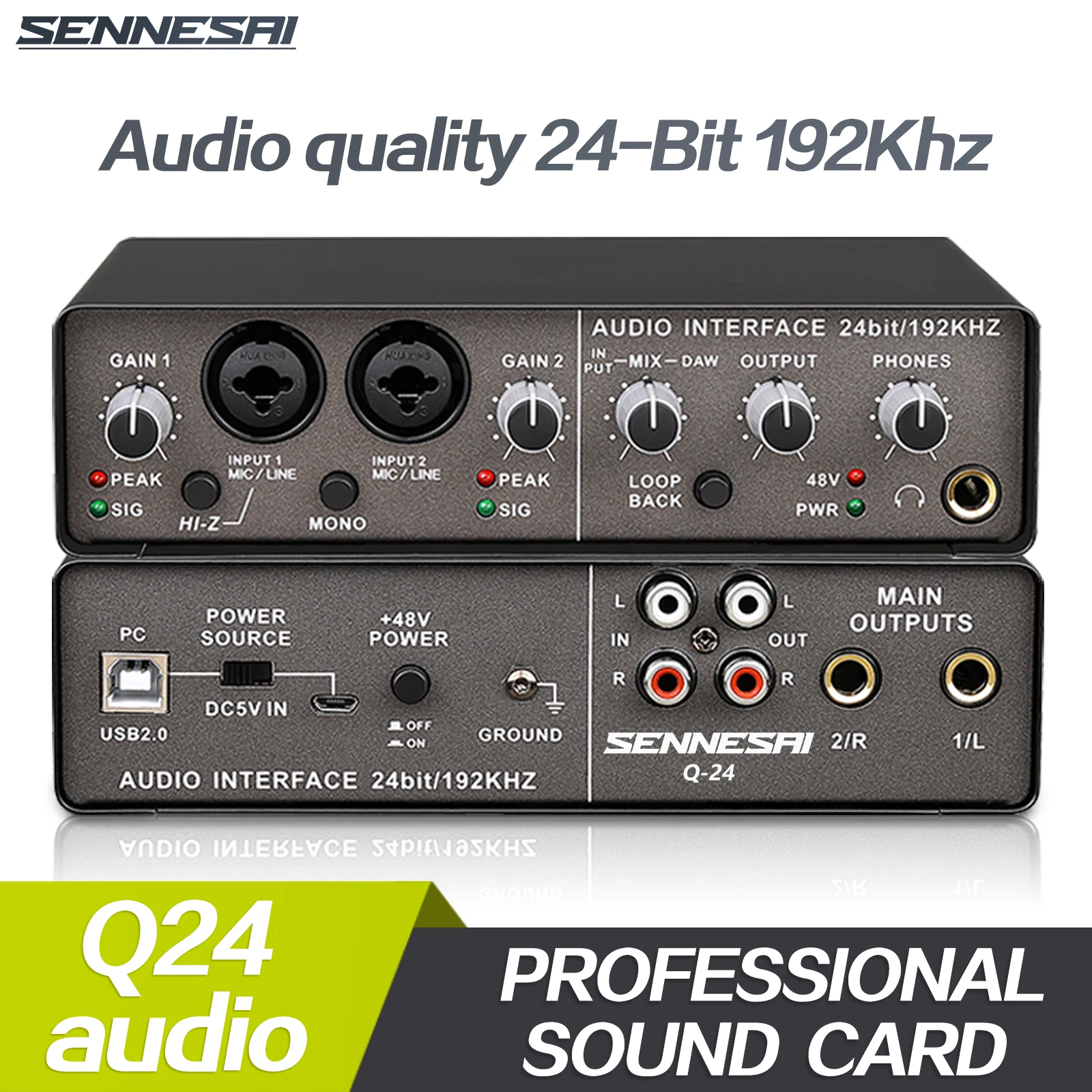 SENNESAI Q24 Audio Interface Sound Card with Monitoring,Electric Guitar Live Recording Singing Equipment Professional For Studio