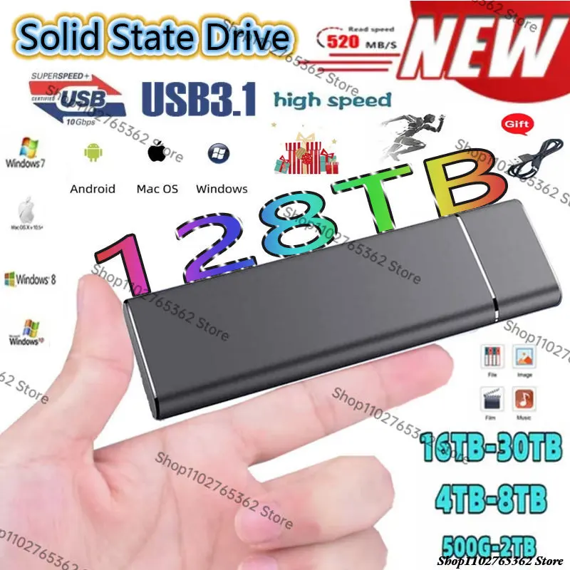 Original High-speed Portable SSD 16TB External Hard Drive HD Mass Storage 64TB 8TB USB 3.1 Interface for Laptop/ Smartphone/ PC