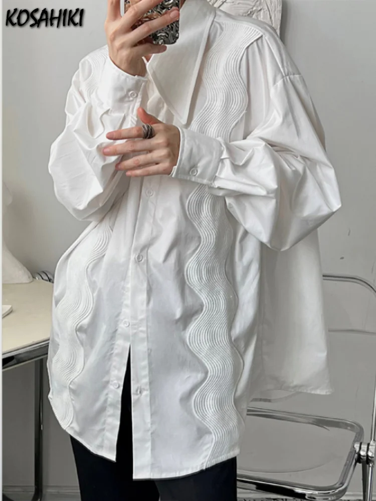 

2023 Spring Ropa De Mujer Button Solid Embroidery Long Sleeve Women Blouses Loose Turn Down Collar Pleated Elegant Blouse