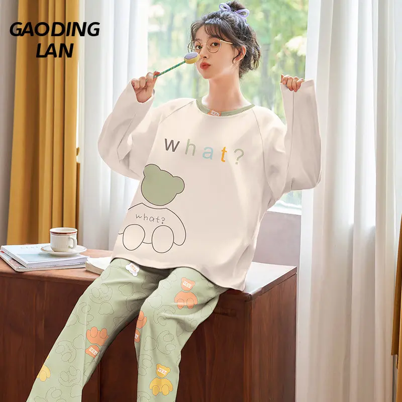 

GAODINGLAN Cartoon Cute Bear Print Long Sleeve Women Pajamas Set Round Neck Pullover Sleepwear Suit Autumn Winter Home Pyjamas