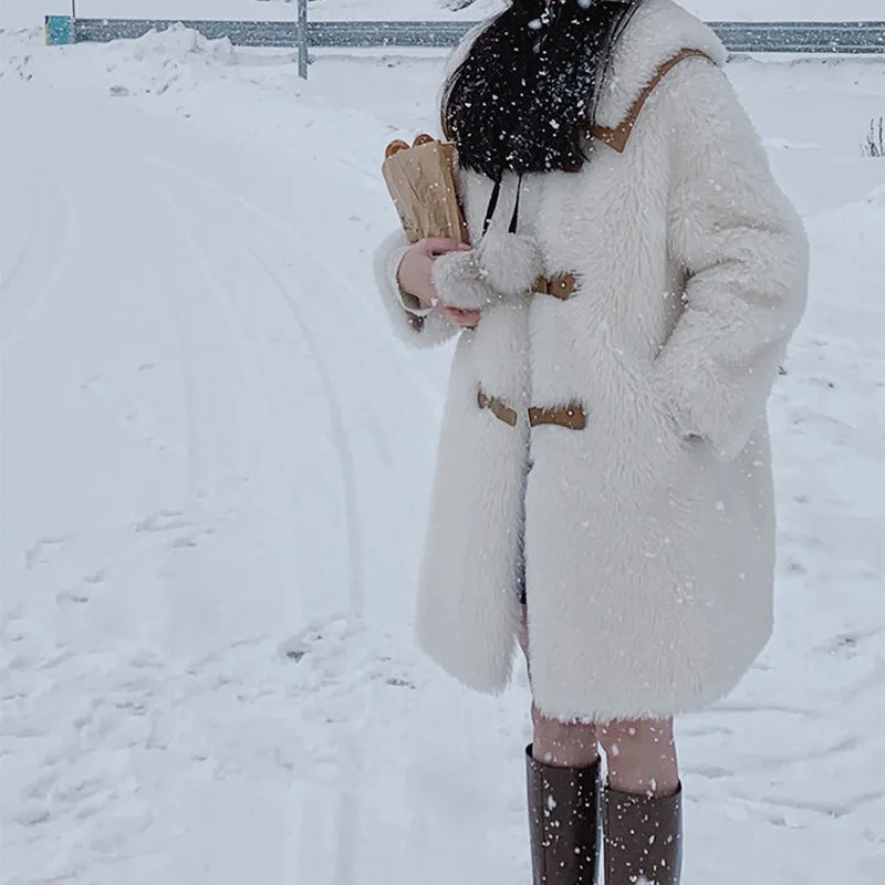 2021 New Winter Cute Warm Faux Fur Coat Women Mid-Length Loose Fur Jackets Fashion Preppy Style Long Sleeve Female Fur Outerwear