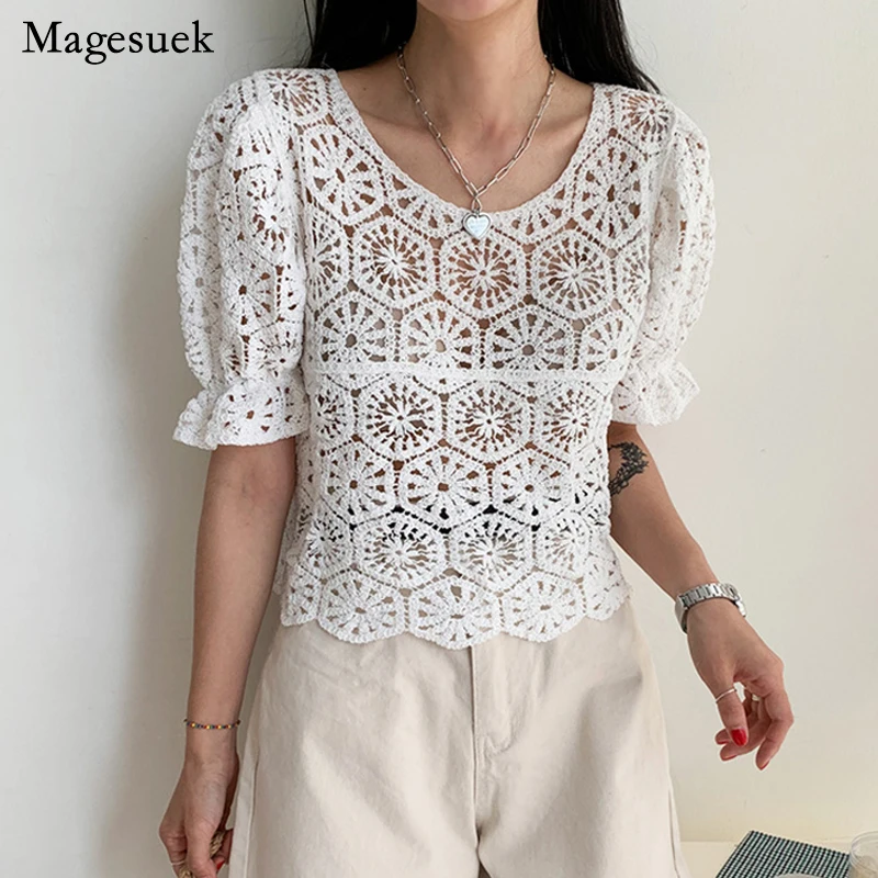 

sweet Puff Sleeve Hollow Lace Shirt Vintage Hook Flower Tops Women Chic Summer White Sexy Blouse O Neck Causal Clothes 21114