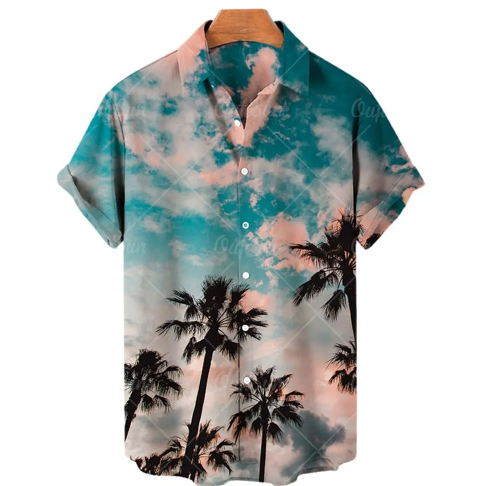 

2022 Men's Hawaiian Shirt Men Coco Tree Print Short Sleeve Tops Lapel Shirts Single Button Shirt Casual Beach Shirt Men 5xl