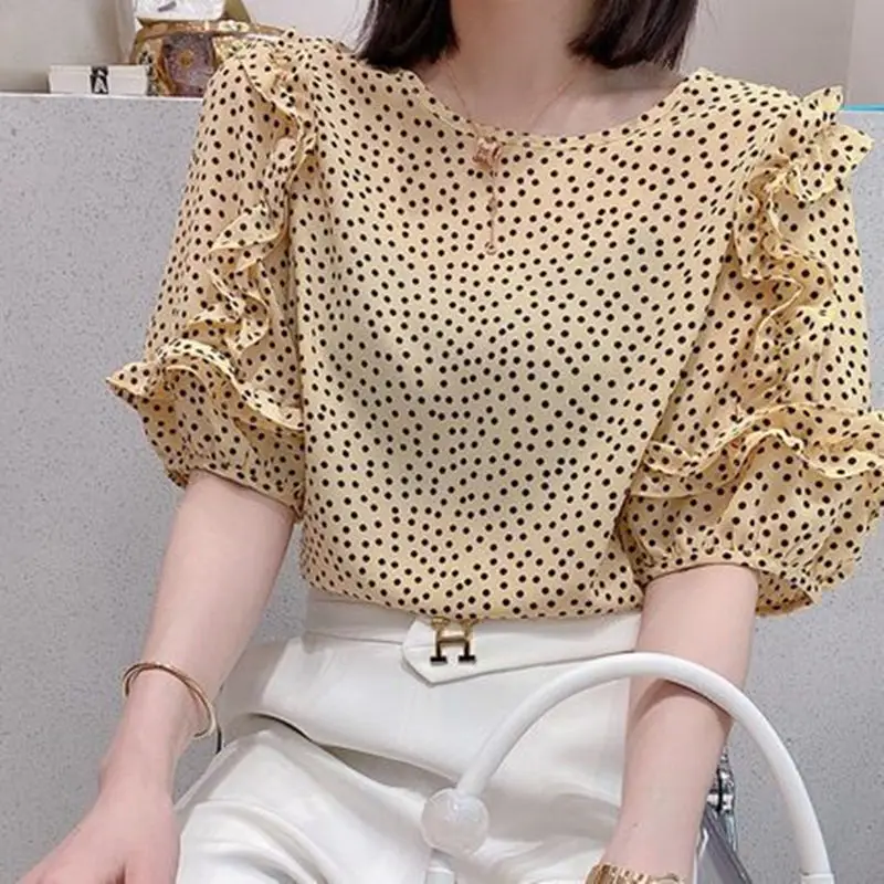 

Chiffon Women's Buttoned Shirts Ruffle Fashion Asymmetrical Casual Half Sleeve Loose Korean Style Top Summer Woman Shirts 2023