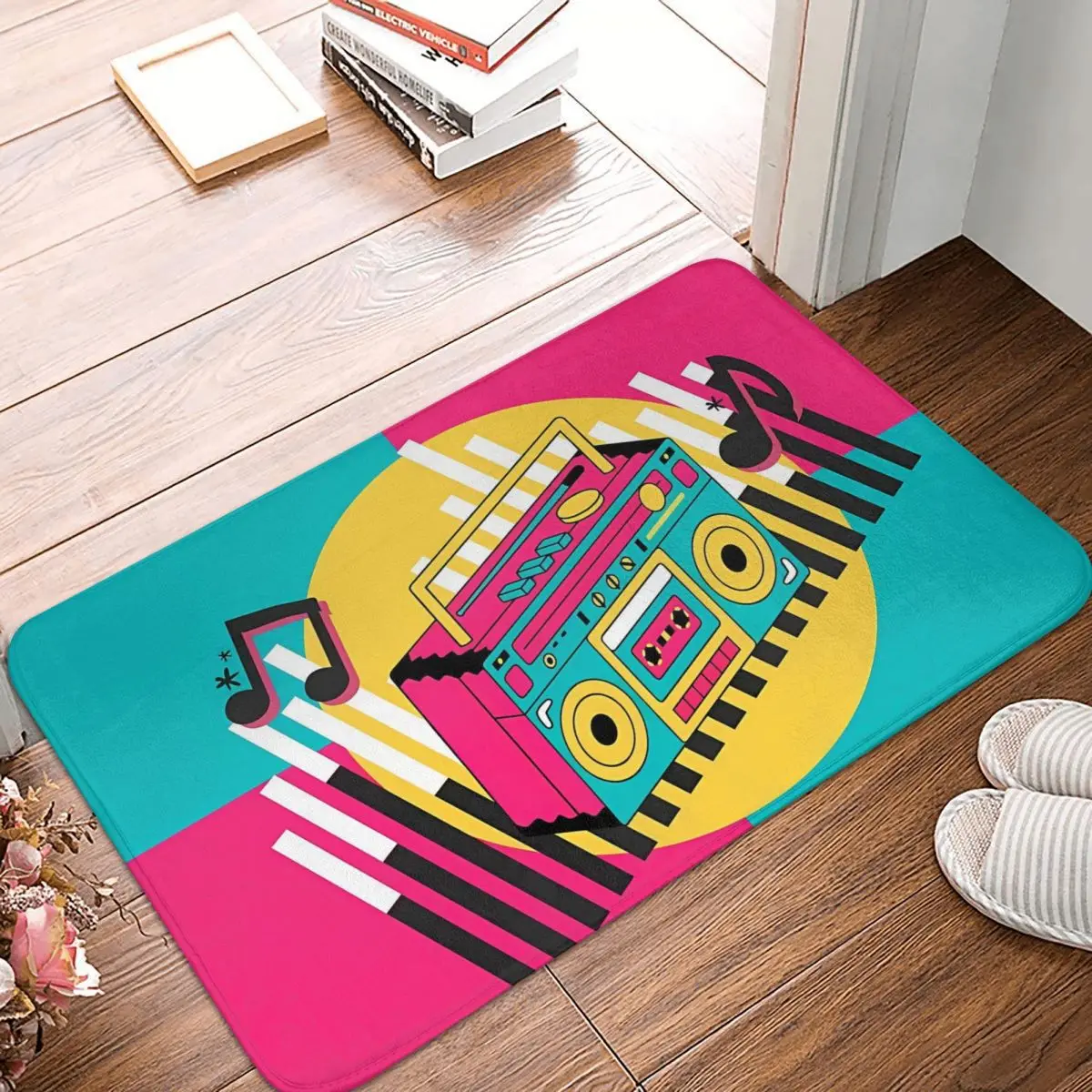 LET'S DANCE Retro Neon Design Boombox Boom Box Music Non-slip Doormat Carpet Bath Kitchen Mat Welcome Home Decorative