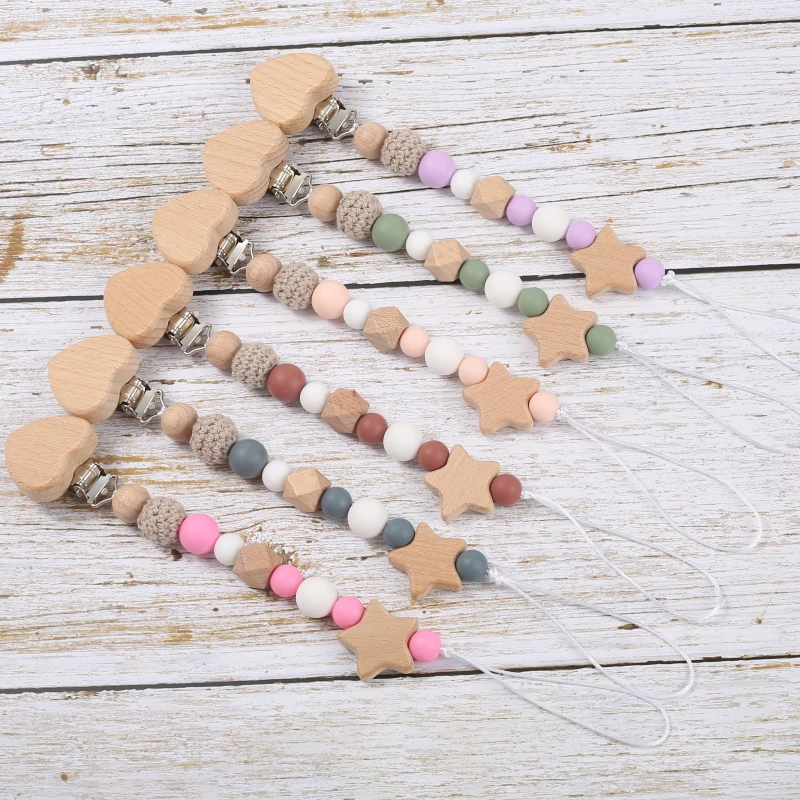 

Деревянная круглая бусина для вязания крючком, Детская цепочка для соски, деревянный держатель-пустышка в форме сердца, зажим для детского прорезывателя, детская игрушка для жевания для кормления, подарок