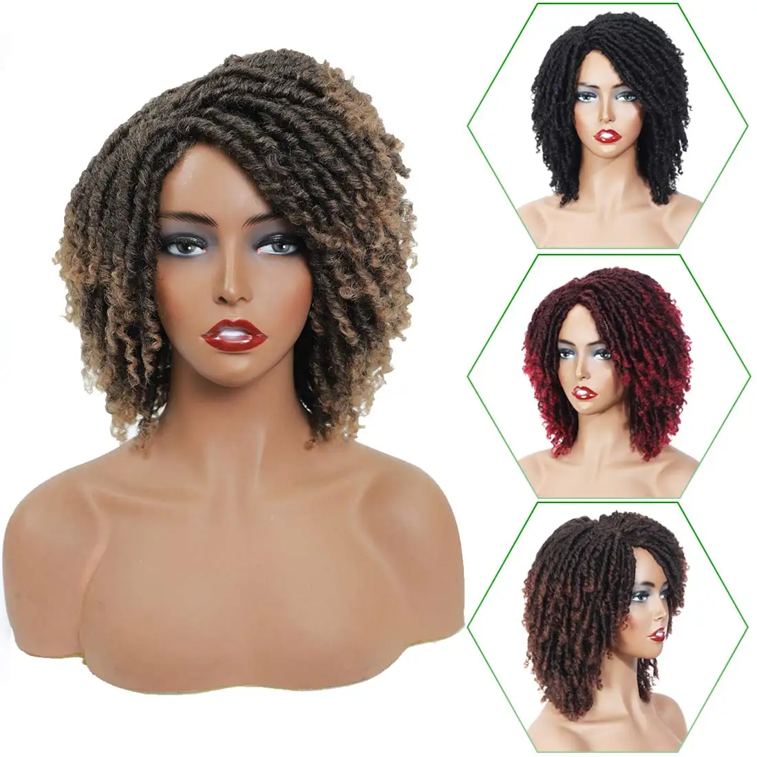 

Short Dreadlock Hair Wig Curly Synthetic Soft Faux Locs Wigs With Bangs For Black Women Ombre Crochet Twist Hair Wigs