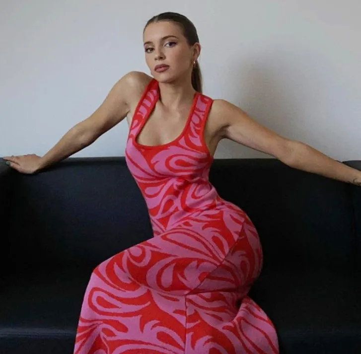 

Red Print Knitted Tank Dresses Women Cross Backless Sweet Elegant Knitwear Casual Sleeveless Vest Long Dress