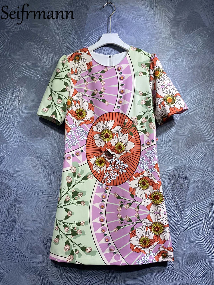 

Seifrmann High Quality Summer Women Fashion Runway Midi Dress Short Sleeve Gorgeous Crystal Beading Colorblock Printed Dresses