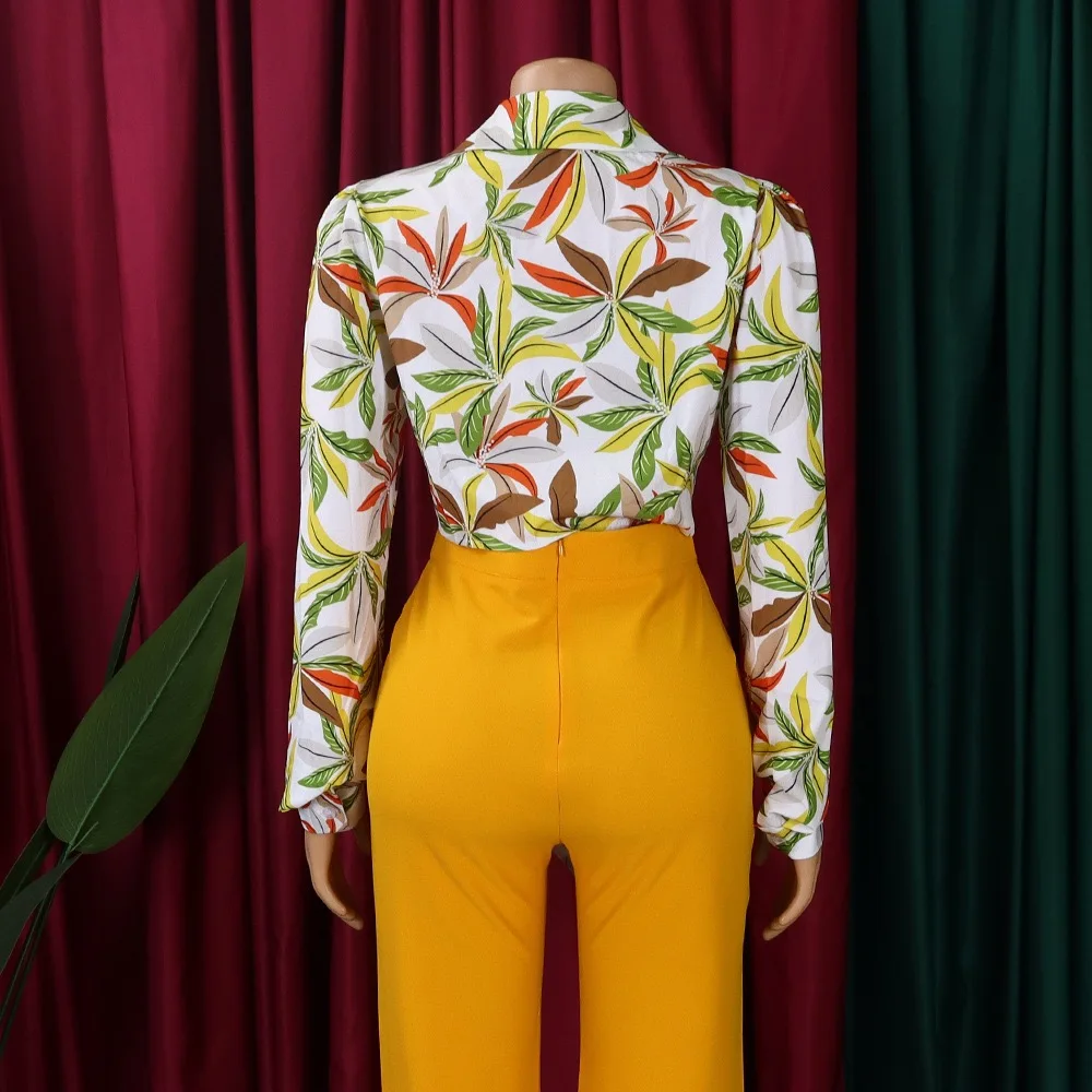 Модная женская блузка с принтом однобортная отложным воротником и длинными