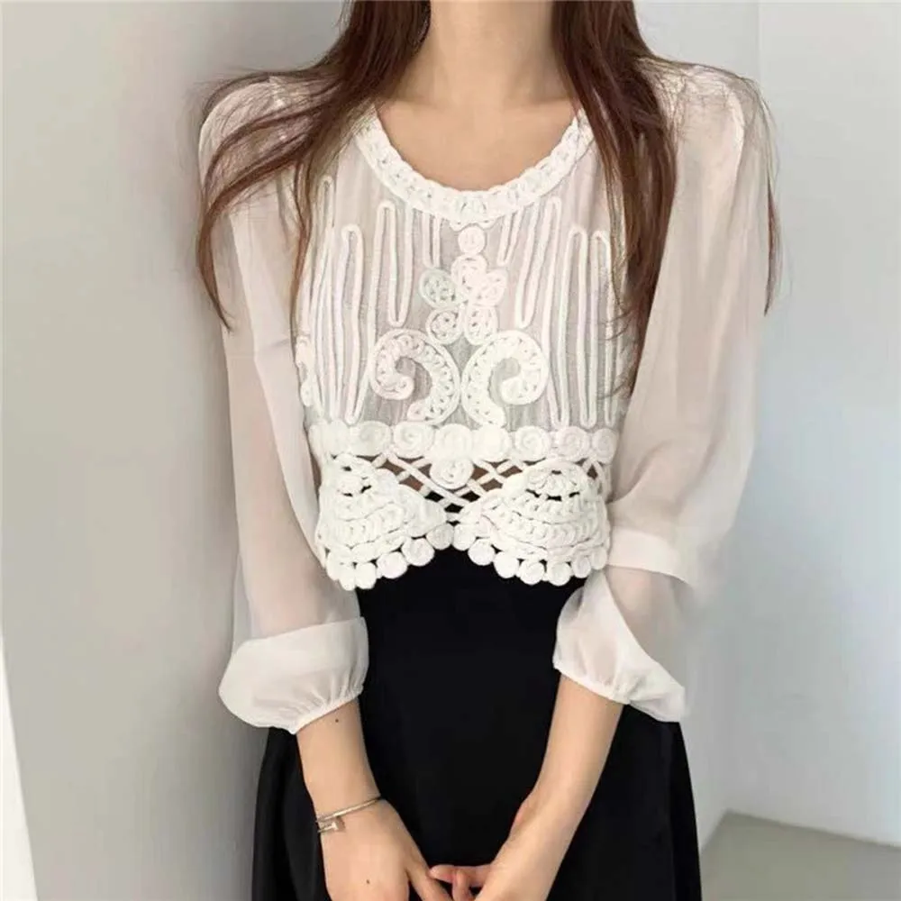 

Женская футболка с длинным рукавом, повседневное однотонное платье составного кроя с цветочным принтом и круглым вырезом, в японском и коре...