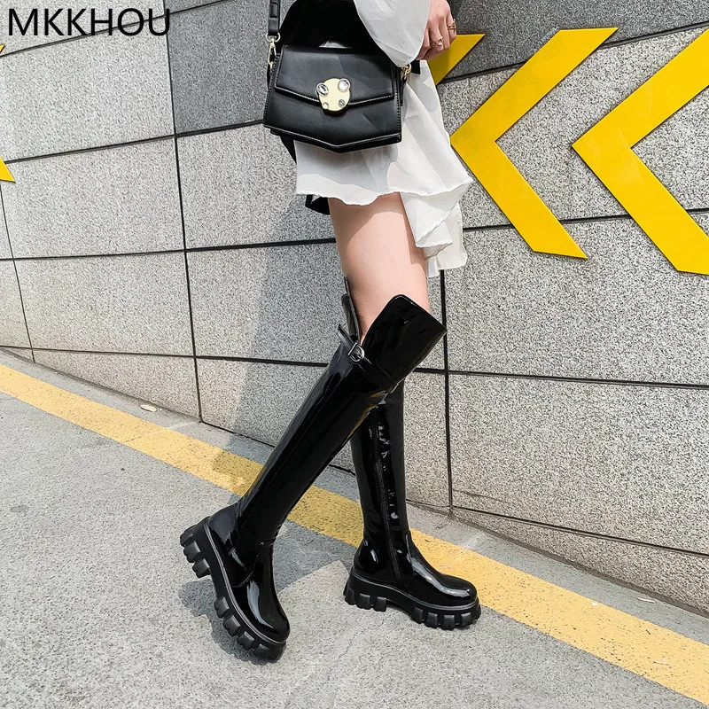 

MKKHOU модные женские сапоги выше колена новые черные высокие сапоги на толстой подошве плюс бархатные теплые сапоги универсальные длинные сапоги