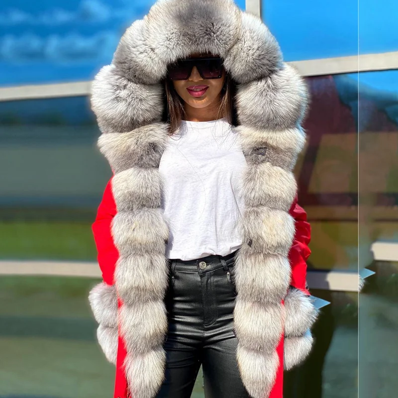 Natural White Hooded Fox Fur Parkas Women Winter Streetwear Warm Luxury Outertwear Straight Loose Genuine Real Fur Coat Female