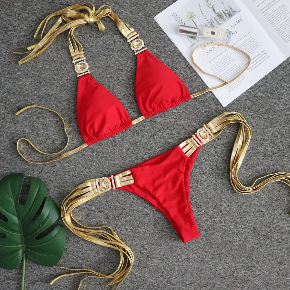 

Sexy Crystal Bikini Set Push-up Bra Brazilian Tassel Swimwear Women Halter Solid Red Rhinestone Bathing Suit Tanga Swimwear 2021