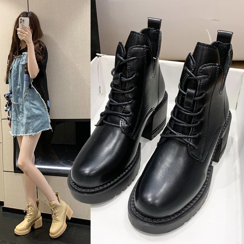 Мотоциклетные ботинки дизайнерские на платформе и массивном каблуке зимние