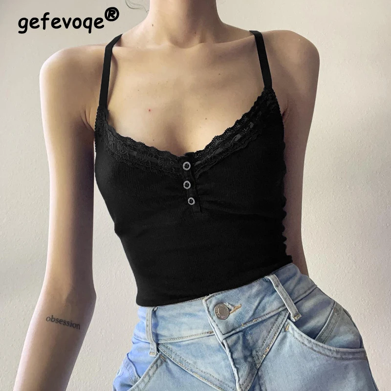 

Women Sexy V-Neck Backless Lace Patchwork Ruched Basic Crop Tank Top Y2K Summer Trendy Rib Knit Black Camis Slim Sleeveless Vest