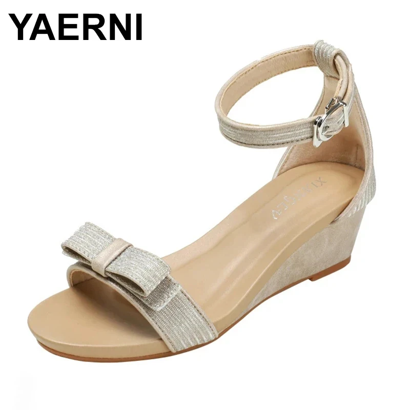 

Plus Size 36-42 Women Wedges Sandals Mid Heel Open Toe Bowknot Bling Fabric Ankle Strap Female Casual Summer Modern Shoes Lady