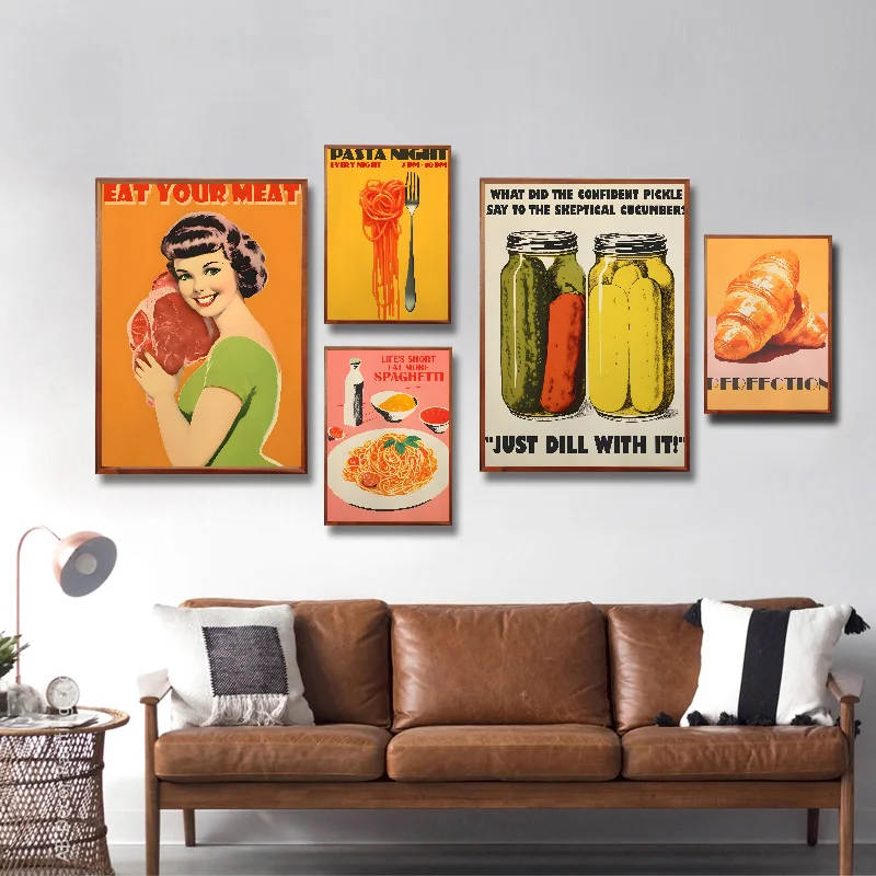 Vintage Food Croissant Pasta Meat Poster Self-adhesive Art Waterproof Paper Sticker Coffee House Bar Room Wall Decor
