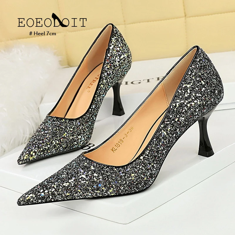 

Charming Heels Shoes Women Sexy Bling Party Wedding Pumps 7CM Stilettos Slip-on Pointed Toe